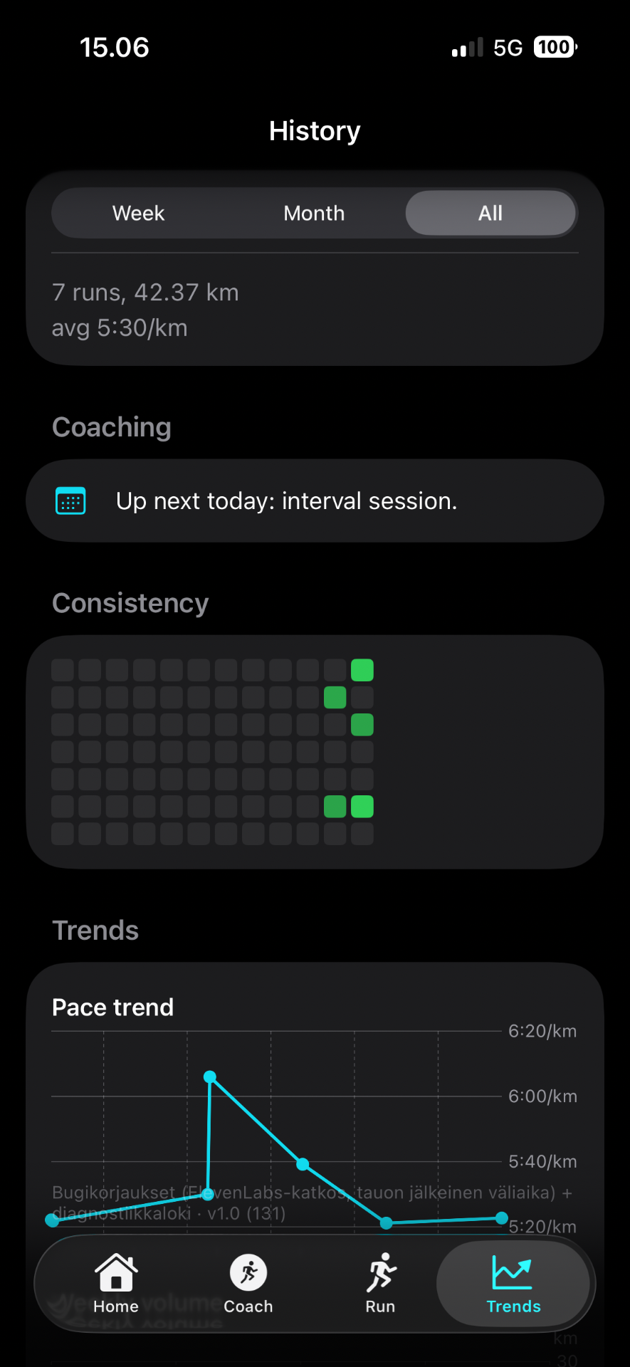 MovaiQ iOS History screen showing run totals, upcoming coaching, consistency and pace trend